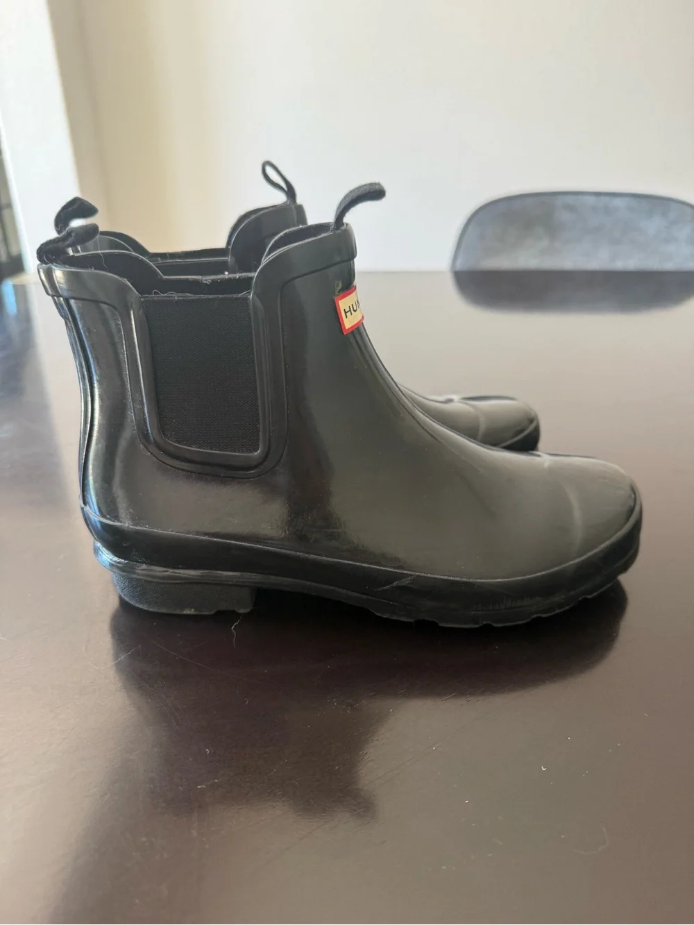 Hunter Glossy Black Chelsea Rain Boots with Red Logo